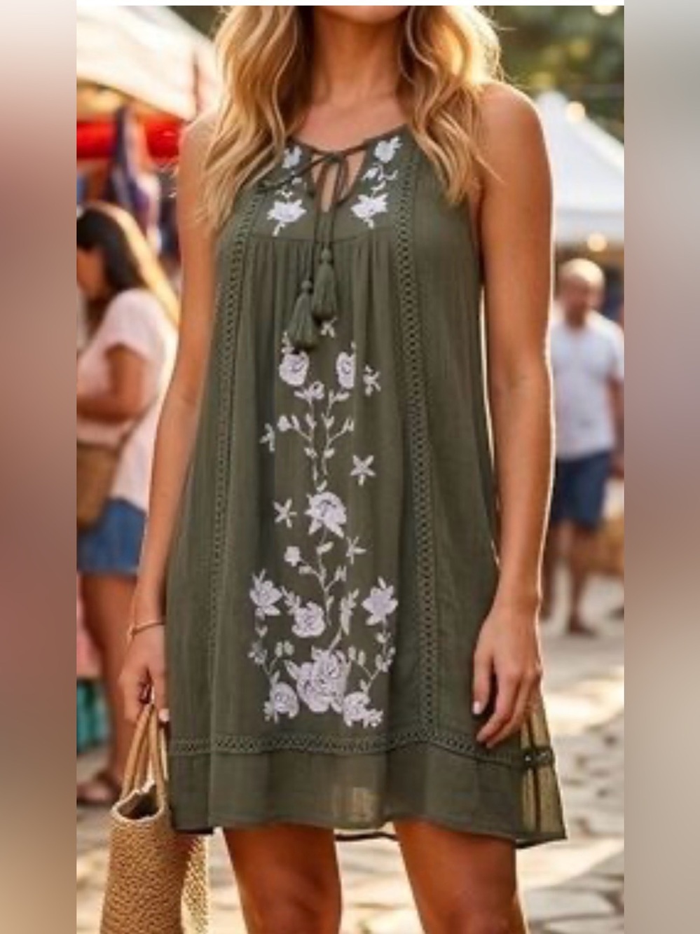 Knox Rose Olive Green Embroidered Sleeveless Dress